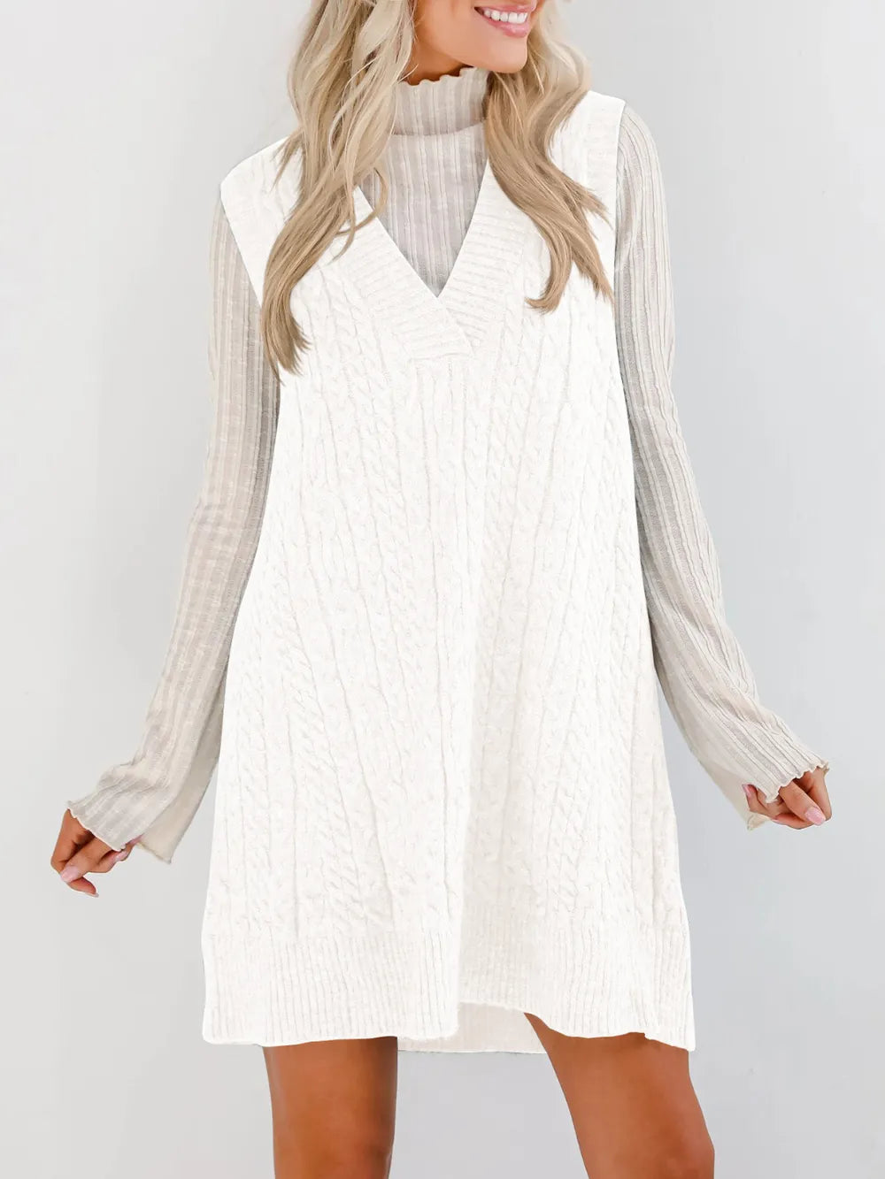 Lovelet Cable Knit V-Neck Mini Sweater Overall Dress | Mini Dresses Daverri Fashions