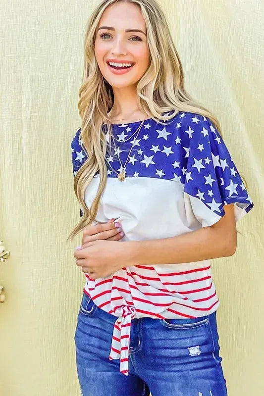 And The Why American Flag Print Tie Knot Front Casual Top - DAVERRI FASHIONS