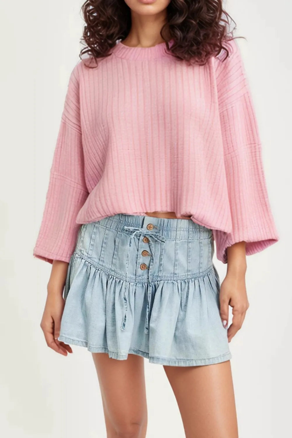 Light Blue Buttoned Ruffled Mini Denim Skirt | Skirts Daverri Fashions