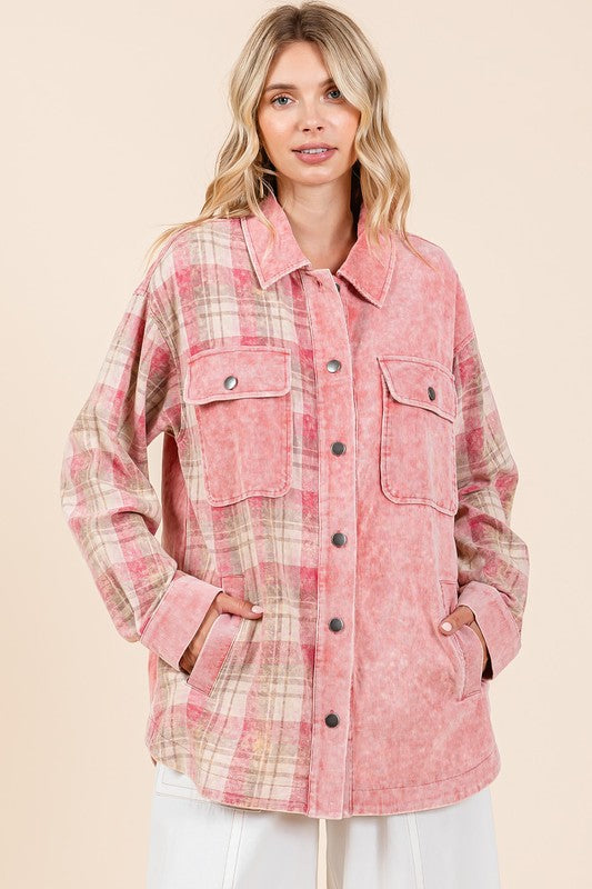 Mittoshop Plaid Button Down Drop Shoulder Jacket Dusty Pink