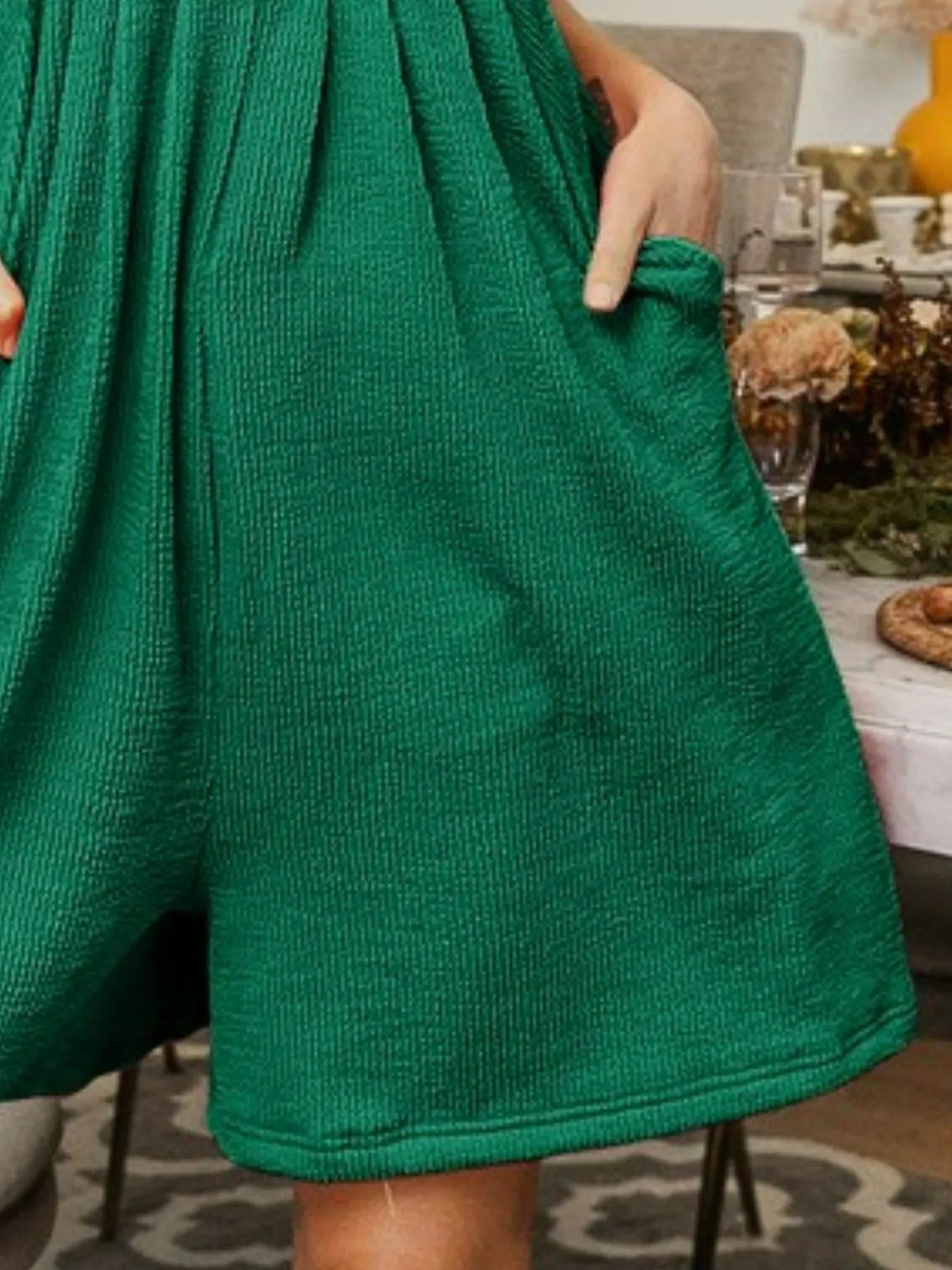 BiBi Crinkle Rib emerald green ribbed knit wide-leg shortalls back view