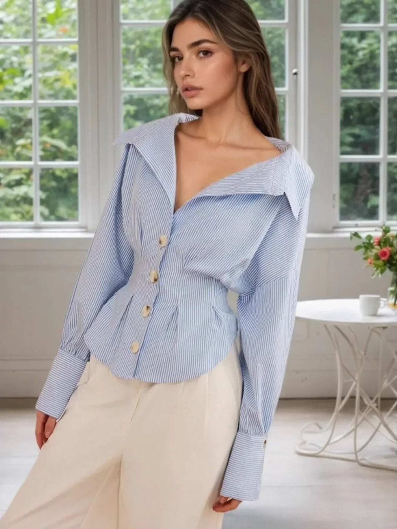 Striped Button-Up Long Sleeve Shirt - DAVERRI FASHIONS