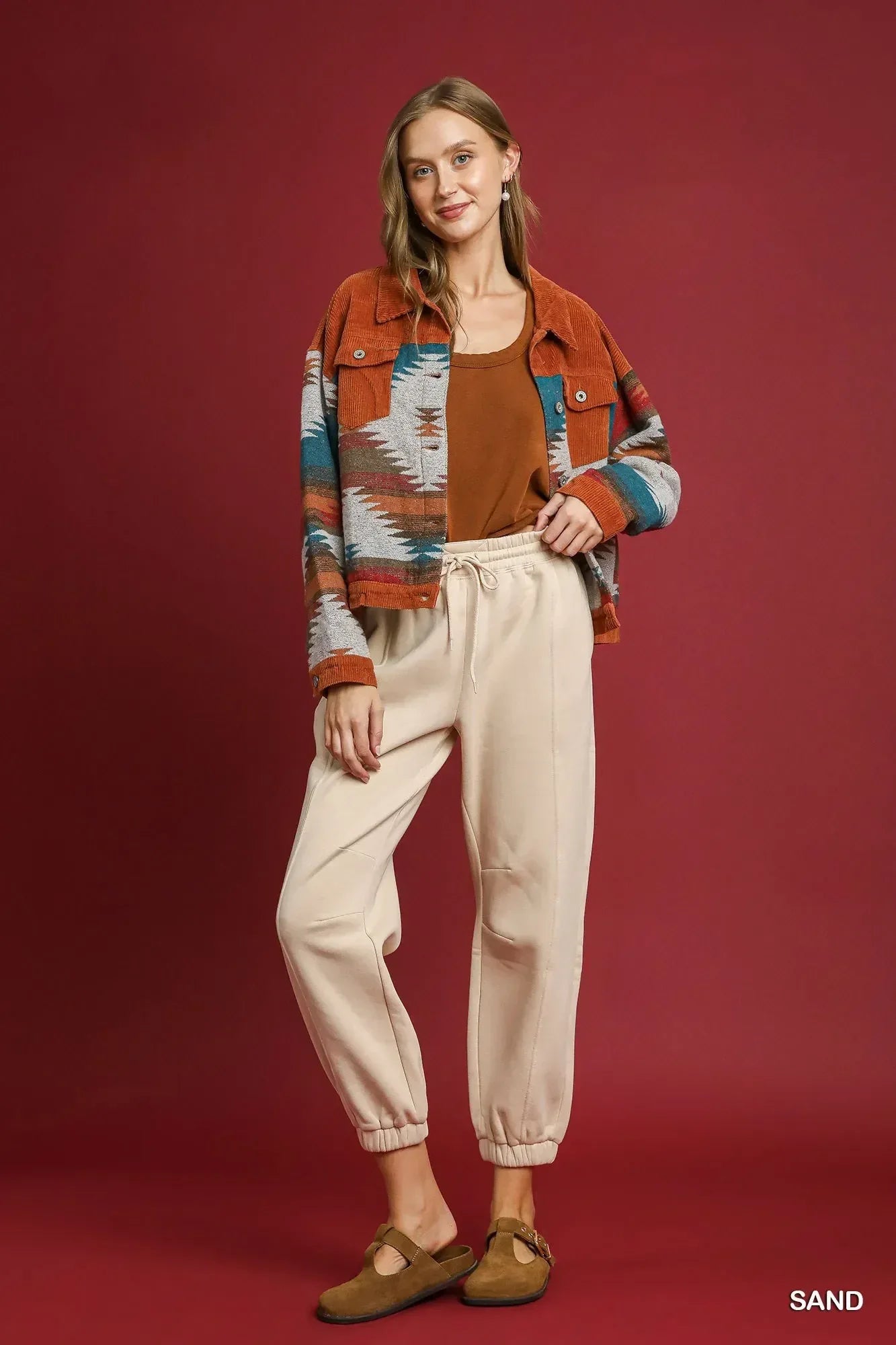 Umgee Fleece Jogger Pants with Drawstring Sand - DAVERRI FASHIONS