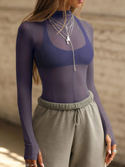 Dusty Blue Mock Neck Long Sleeve Sheer Top | Tops Daverri Fashions