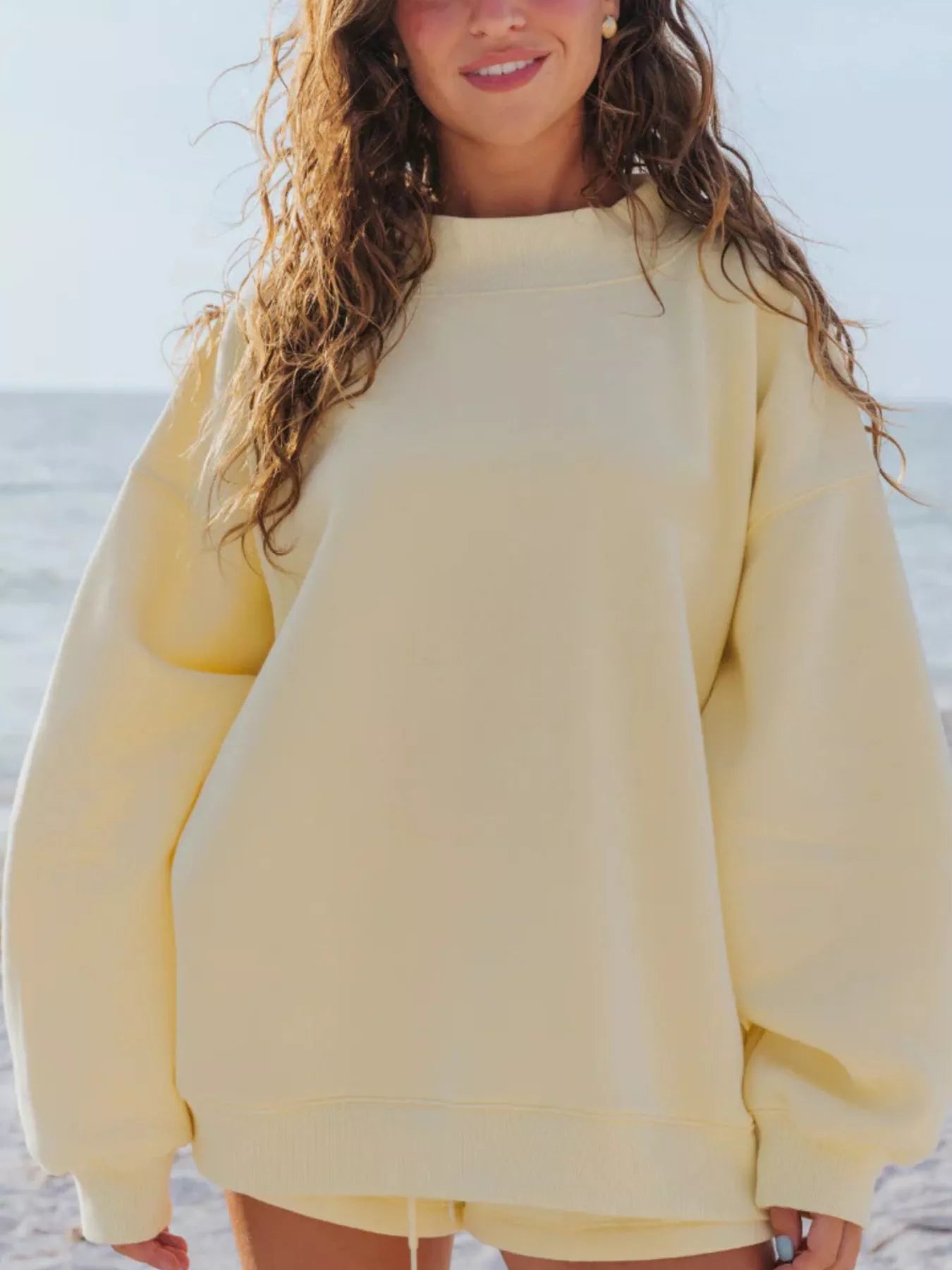 Pale yellow oversized sweatshirt in relaxed fit round neck set