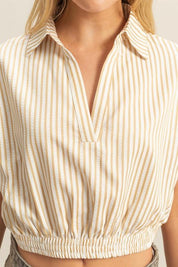 HYFVE Striped Elastic Hem Johnny Collar Cap Sleeve Blouse | Blouses Daverri Fashions