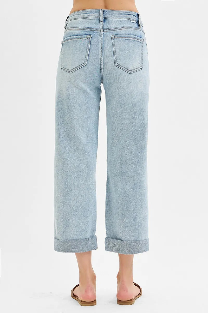 RISEN Full Size Mid Rise Fit Boyfriend Jeans with Cuff Jeans