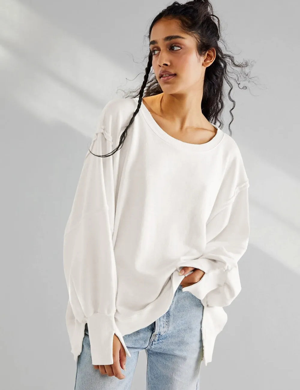 White Slit Round Neck Dropped Shoulder Sweatshirt | Sweatshirts Daverri Fashions