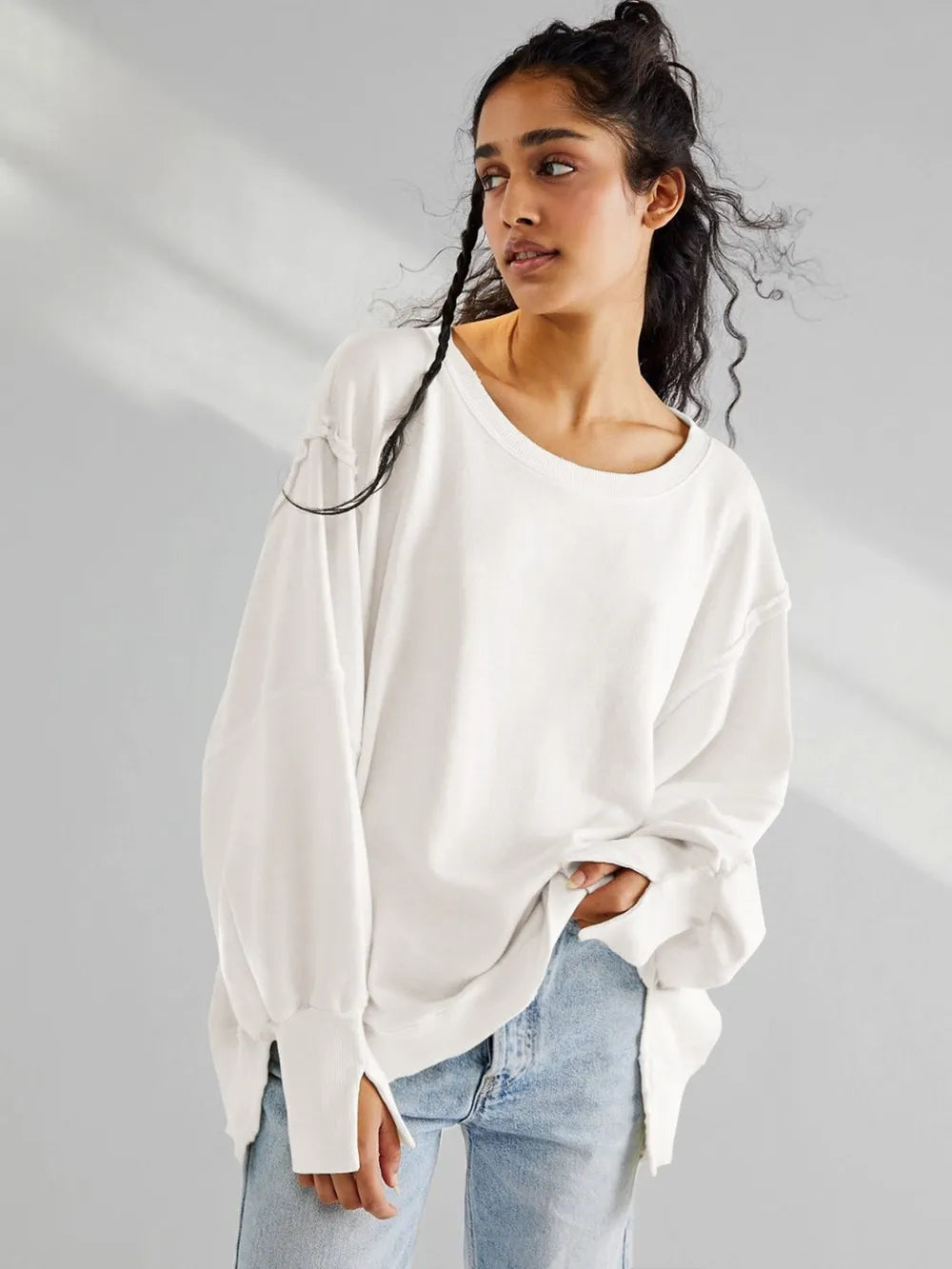 White Slit Round Neck Dropped Shoulder Sweatshirt | Sweatshirts Daverri Fashions