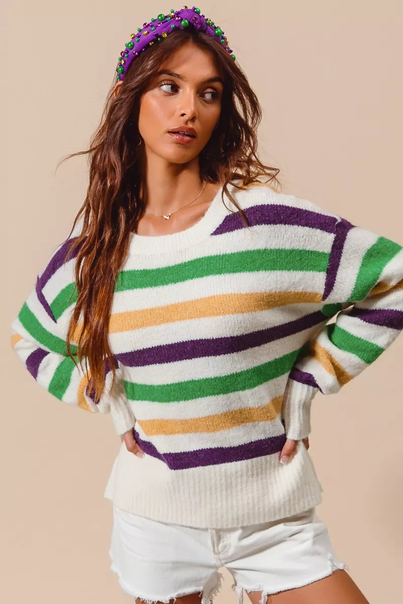 Cozy SO ME Mardi Gras striped round neck sweater top