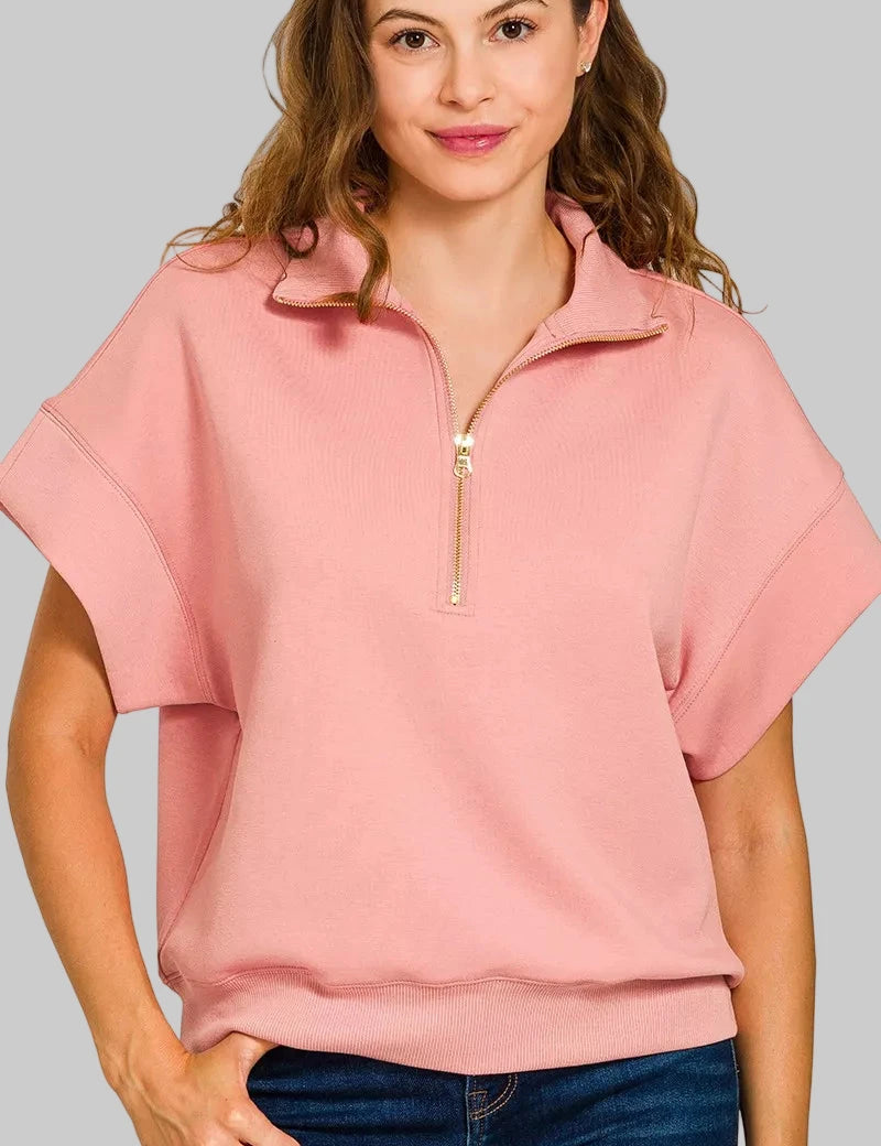 TAN ROSE Zenana Full Size Scuba High Neck Half Zip Short Sleeve Top Plus Size | Tops Daverri Fashions