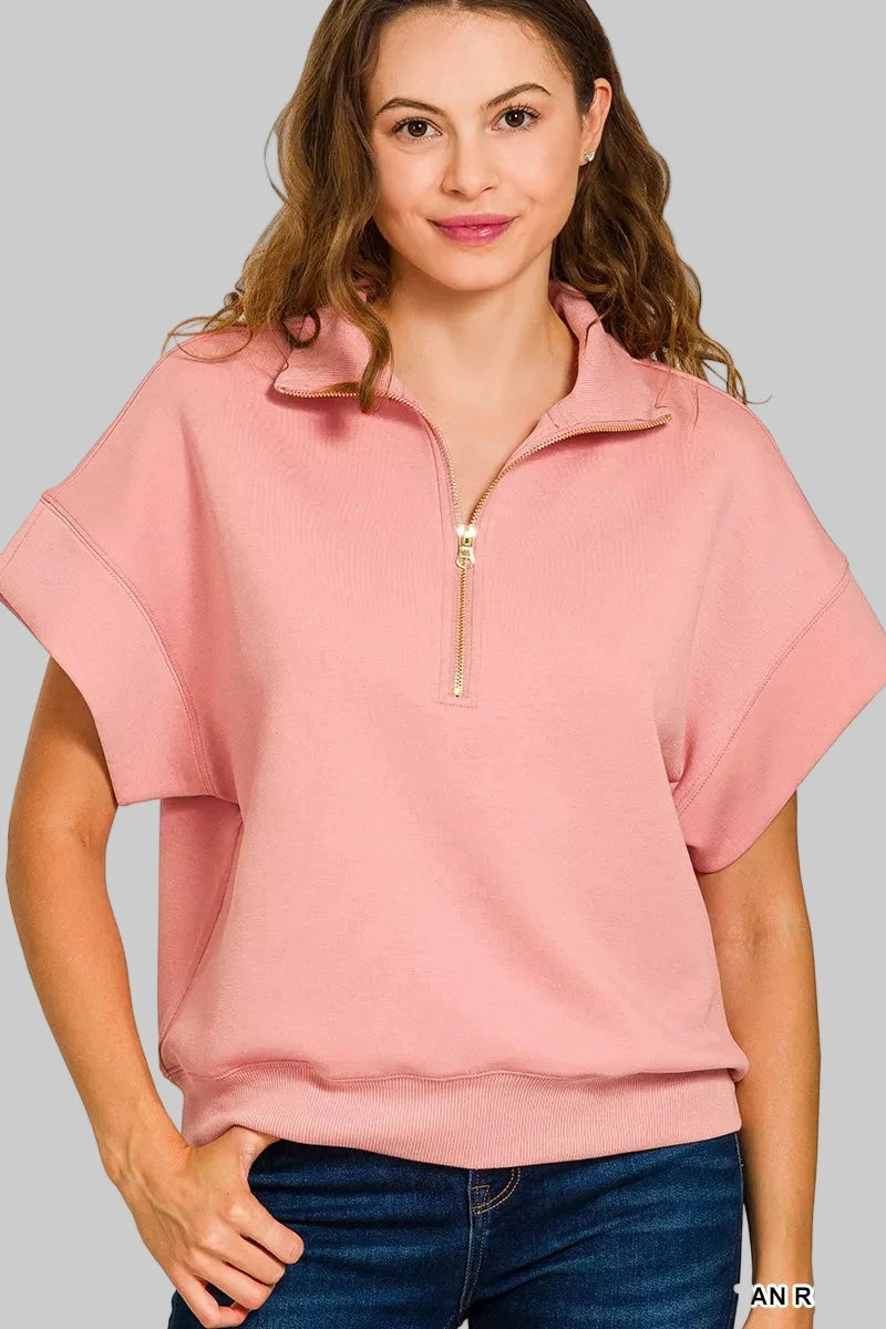 TAN ROSE Zenana Full Size Scuba High Neck Half Zip Short Sleeve Top Plus Size | Tops Daverri Fashions
