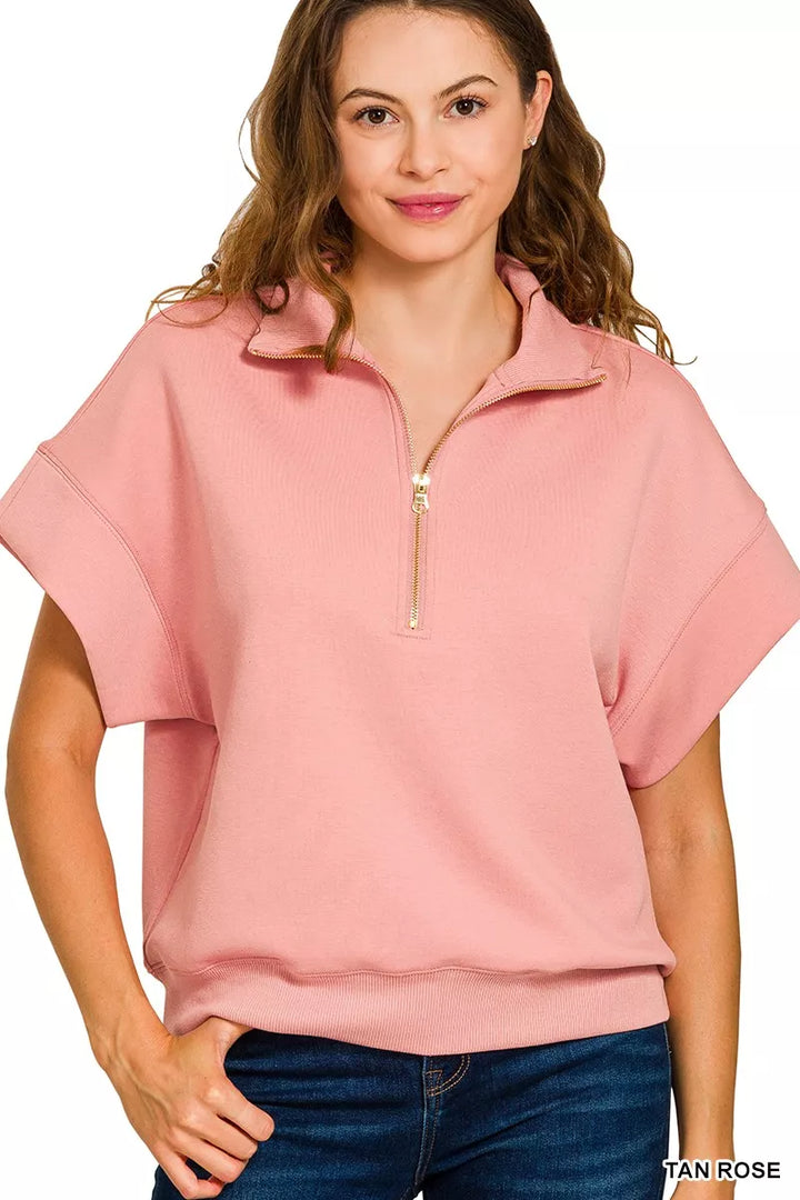 TAN ROSE Zenana Full Size Scuba High Neck Half Zip Short Sleeve Top Plus Size | Tops Daverri Fashions
