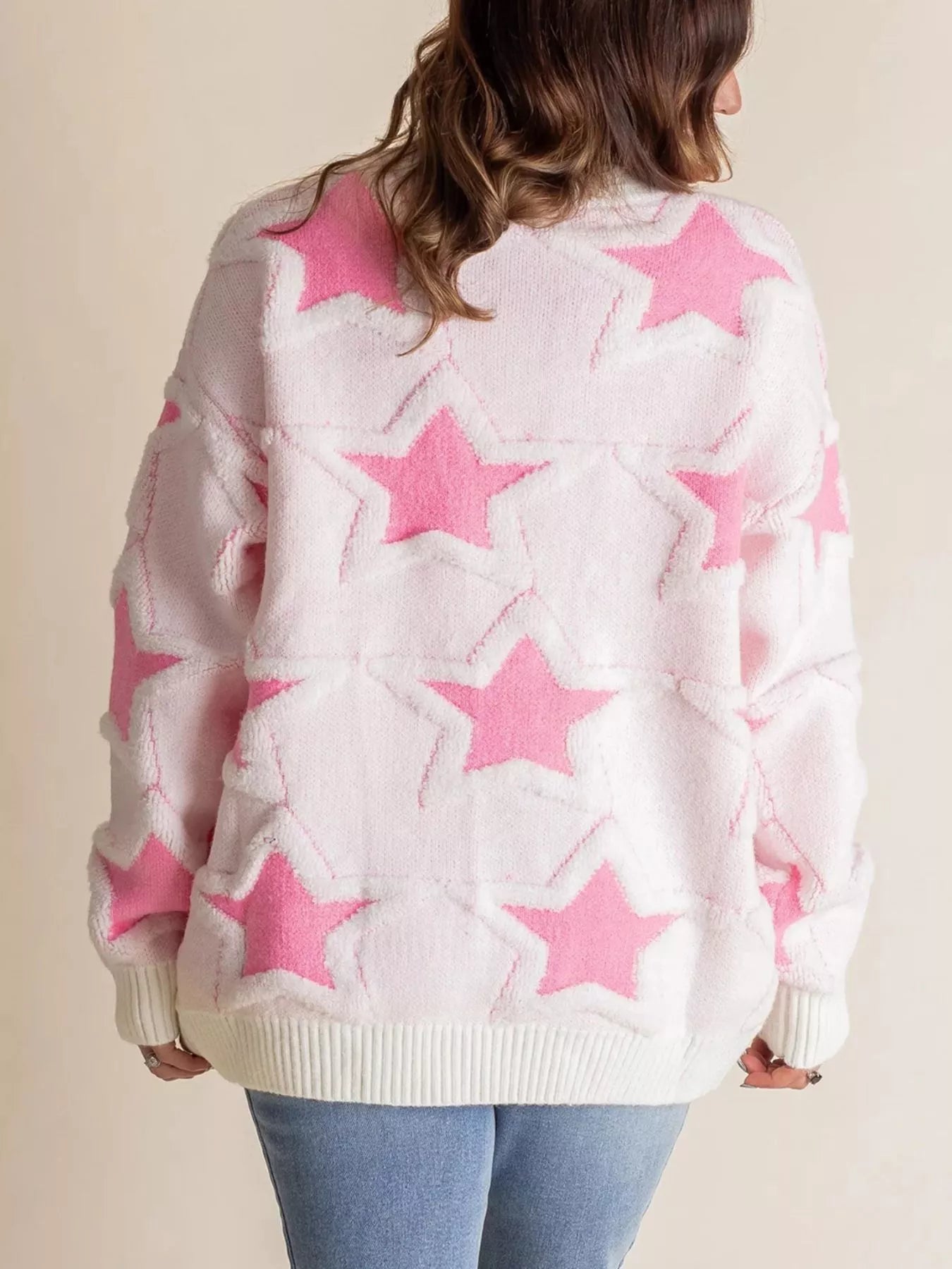 Oversized Star Pattern Ribbed Edge Drop Shoulder Sweater | Sweaters Daverri Fashions