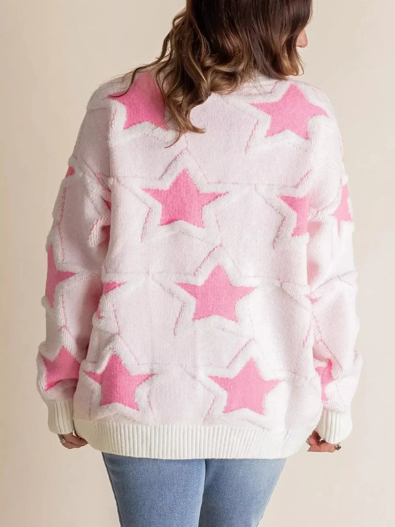 Oversized Star Pattern Ribbed Edge Drop Shoulder Sweater - DAVERRI FASHIONS