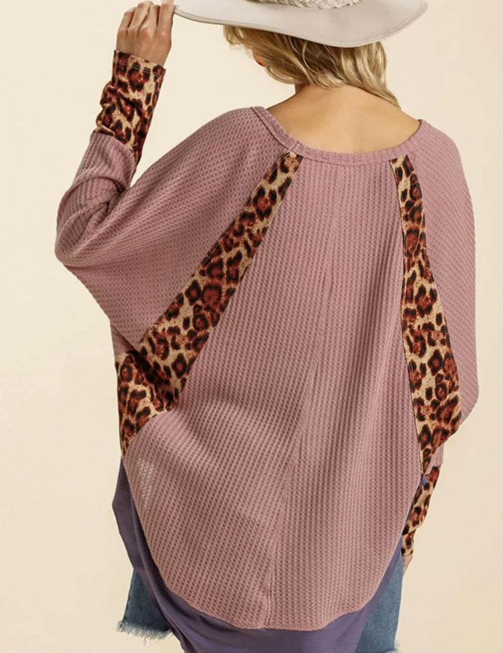Umgee Leopard High-Low Dolman Sleeve Waffle Knit Top Plus Size | Tops Daverri Fashions
