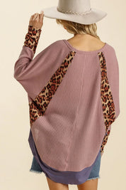 Umgee Leopard High-Low Dolman Sleeve Waffle Knit Top Plus Size | Tops Daverri Fashions