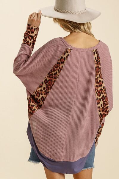 Umgee Full Size Leopard High-Low Dolman Sleeve Waffle Knit Top Plus Size