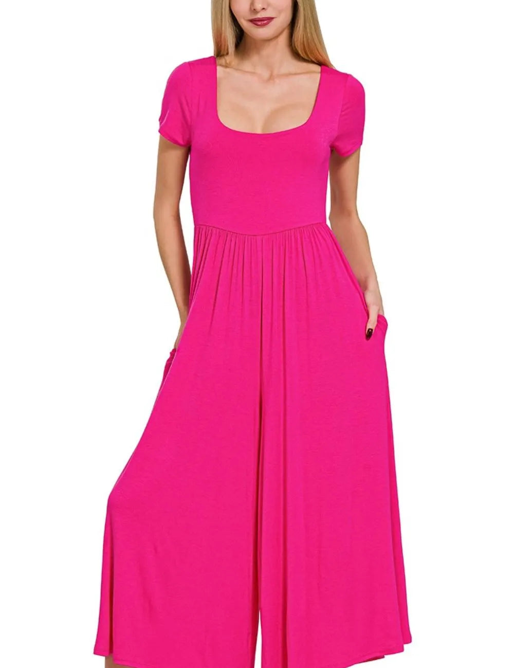 HOT PINK Zenana Double Layered Short Sleeve Jumpsuits | Jumpsuits Daverri Fashions