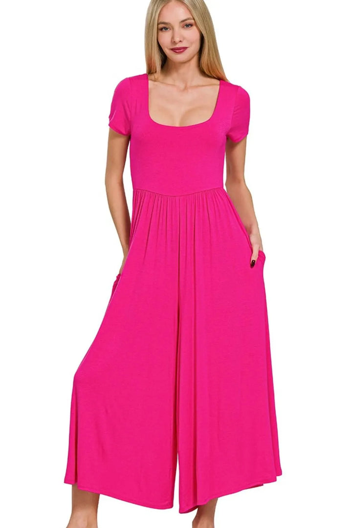 Zenana Double Layered Short Sleeve Jumpsuits HOT PINK Jumpsuits