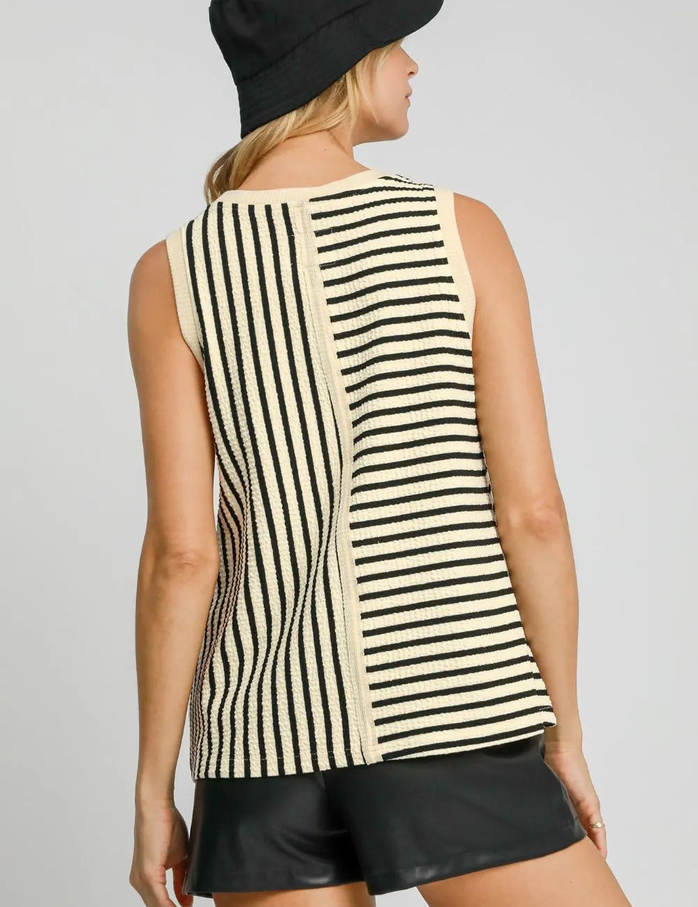 Umgee Round Neck Texture Striped Tank Cream | Tank Tops Daverri Fashions