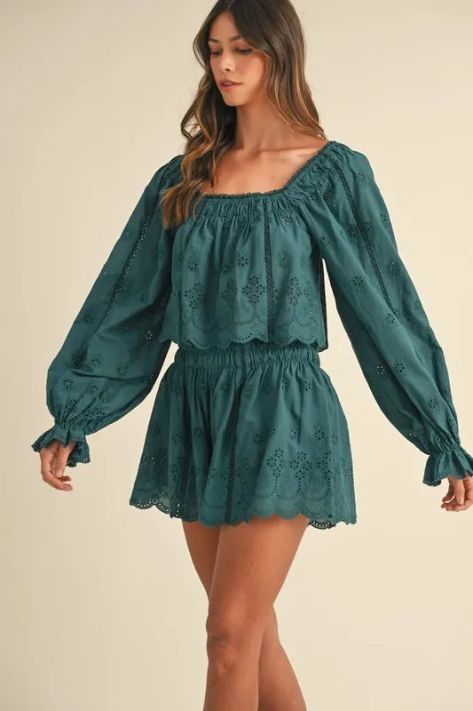 MABLE Embroidered Scalloped Lace Top and Short Set Outfit Sets