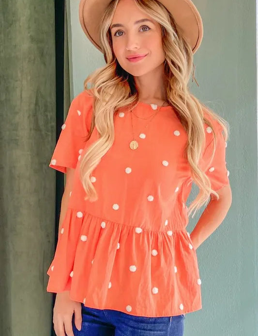 CORAL And The Why Pom Pom Polka Dots Short Sleeve Top | Tops Daverri Fashions