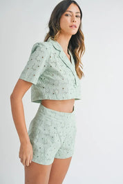 MABLE Eyelet Short Sleeve Crop Top and Shorts Set | Outfit Sets Daverri Fashions