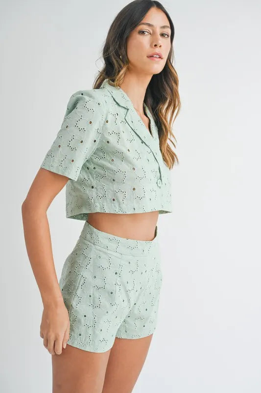 MABLE Eyelet Short Sleeve Crop Top and Shorts Set Outfit Sets