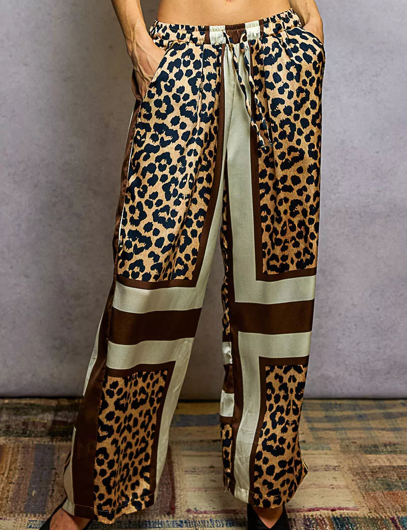 SAND INDIGO LEOPA POL Leopard Printed Woven Wide Leg Drawstring Pants | Daverri Fashions