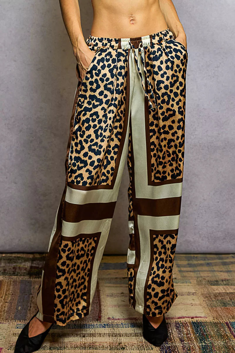 SAND INDIGO LEOPA POL Leopard Printed Woven Wide Leg Drawstring Pants | Daverri Fashions