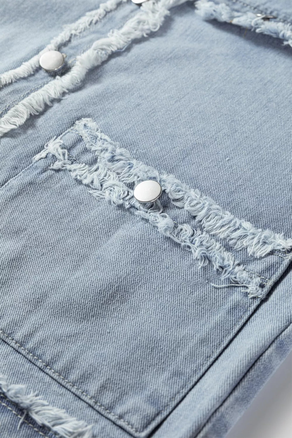 Light blue frayed edge flap pockets denim vest jacket with silver buttons