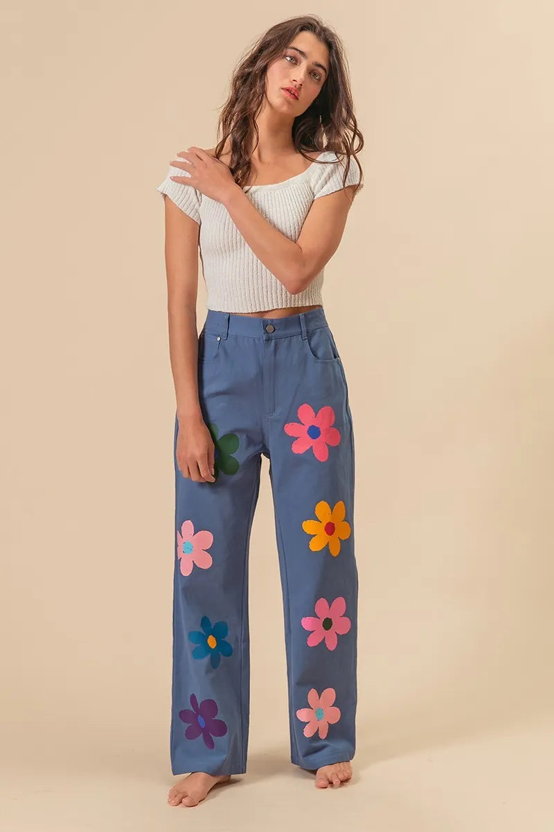 BiBi Flower Print Straight Legs Pants Pants