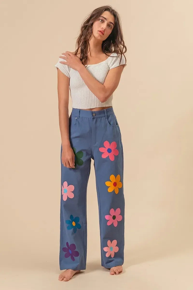 BiBi Flower Print Straight Legs Pants - DAVERRI FASHIONS