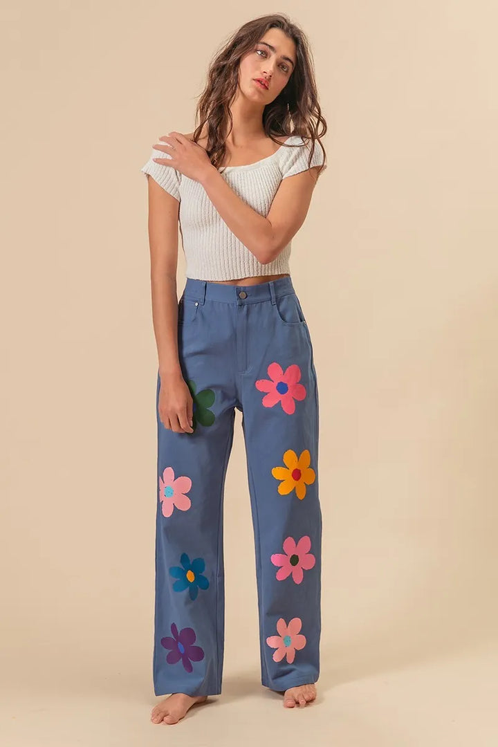 BiBi Flower Print Straight Legs Pants Pants