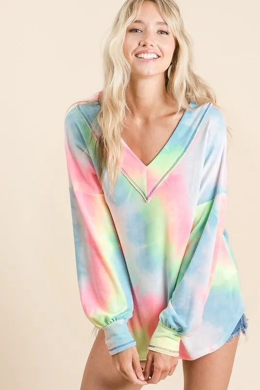 BiBi Tie Dye French Terry V-Neck Top with Puff Sleeves Tops