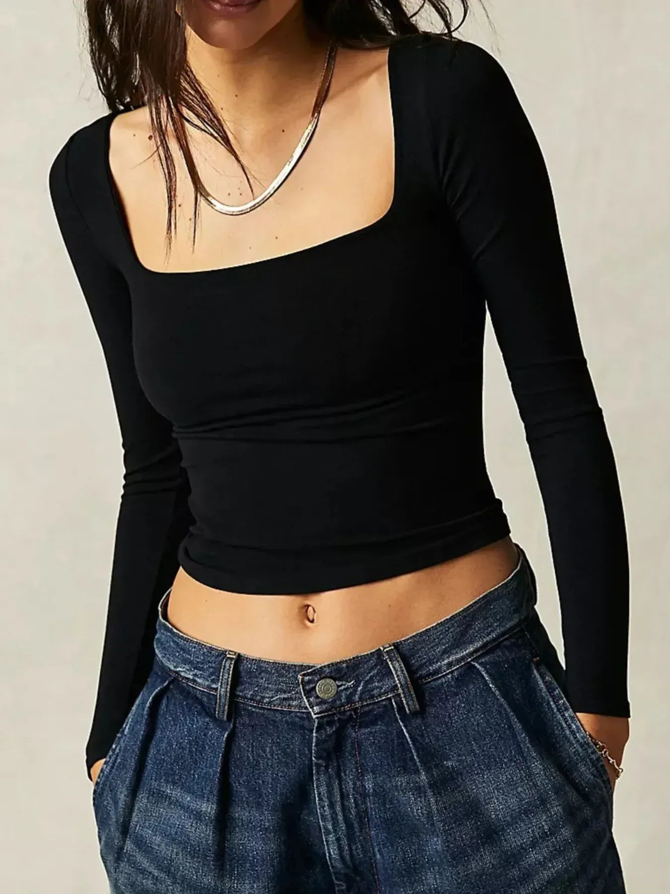 Square Neck Fitted Long Sleeve T-Shirt - DAVERRI FASHIONS