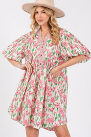 SAGE + FIG Floral Half Button Notched Puff Sleeve Dress