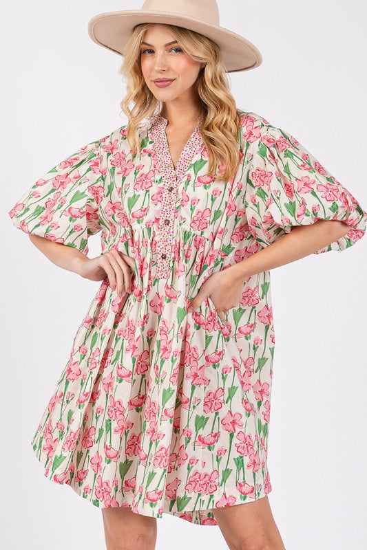 SAGE + FIG Floral Half Button Notched Puff Sleeve Dress