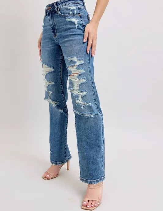 Judy Blue Full Size High Waist Heavy Destroy Straight Jeans Plus Size | Daverri Fashions