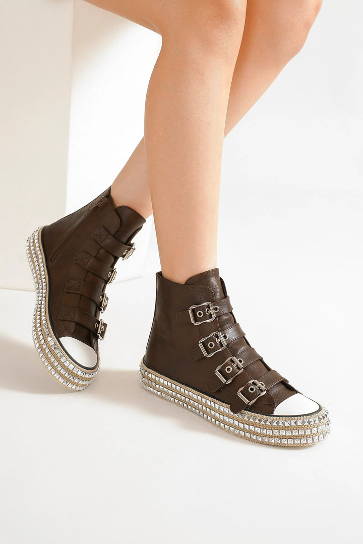 Beast Fashion Multi-Buckle Straps Studded Platform Sneakers Dark Brown Footwear