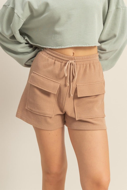 HYFVE Drawstring Waffle Knit Front Pocket Shorts Tan Shorts