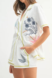 MABLE Embroidered Button Down Shirt and Shorts Set | Outfit Sets Daverri Fashions