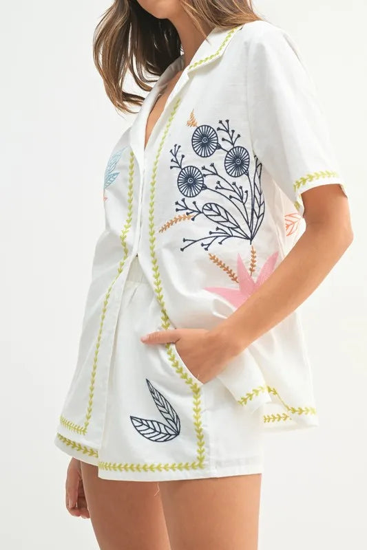 MABLE Embroidered Button Down Shirt and Shorts Set Outfit Sets