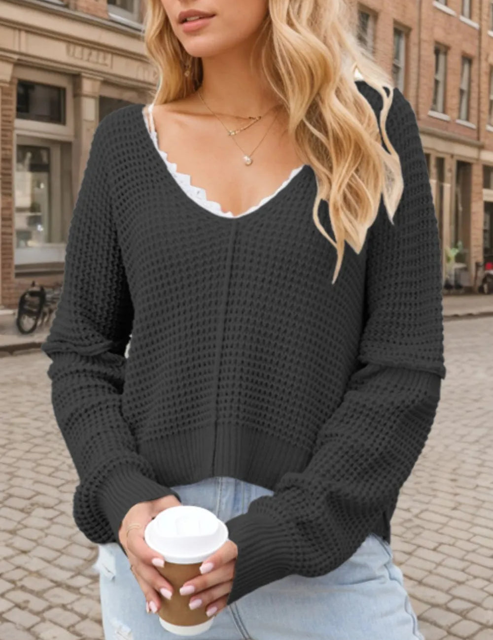 Black V-Neck Long Sleeve Sweater | Sweaters Daverri Fashions