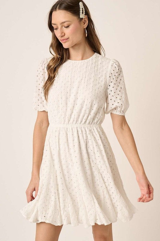 Mittoshop Eyelet Round Neck Puff Sleeve Mini Dress White Mini Dresses