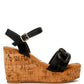 Black patent leather Emelda wedge sandal with cork sole and ankle strap