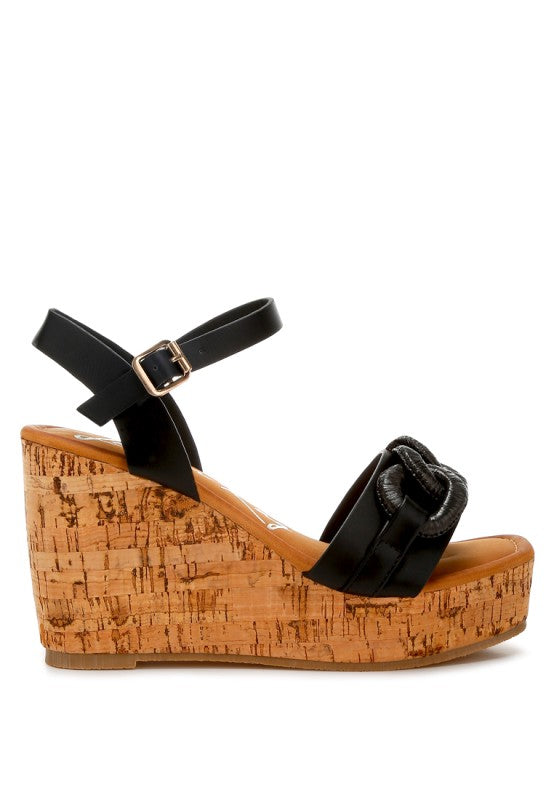 Black patent leather Emelda wedge sandal with cork sole and ankle strap