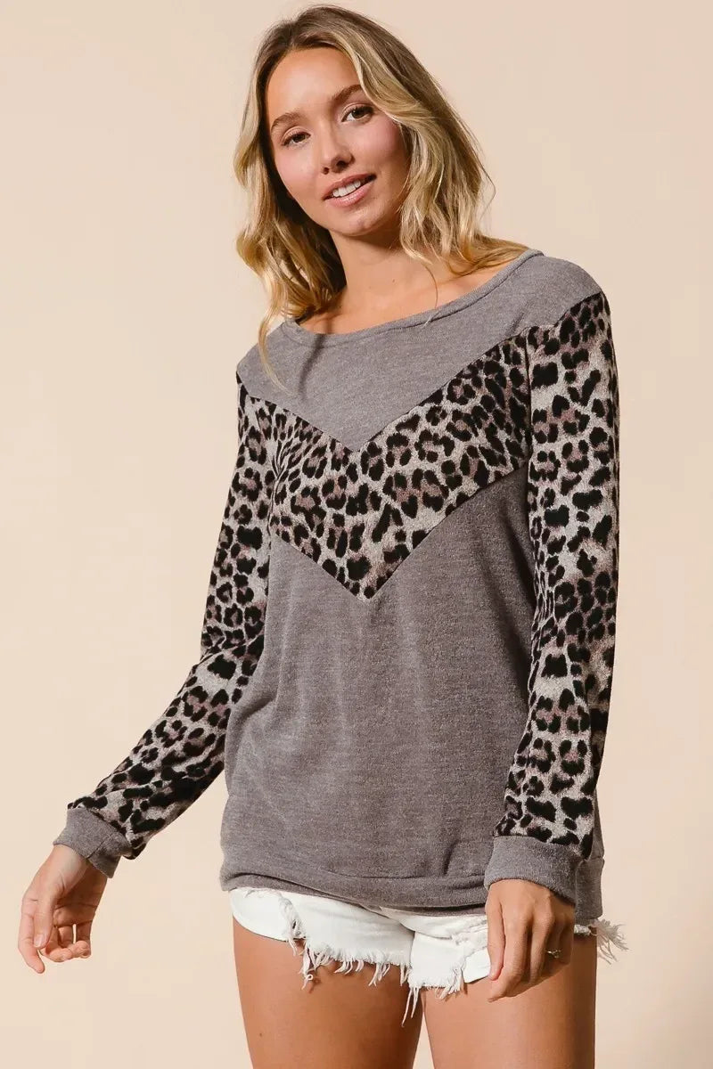 BiBi Sweater Knit Top With Leopard V Shape Block - DAVERRI FASHIONS