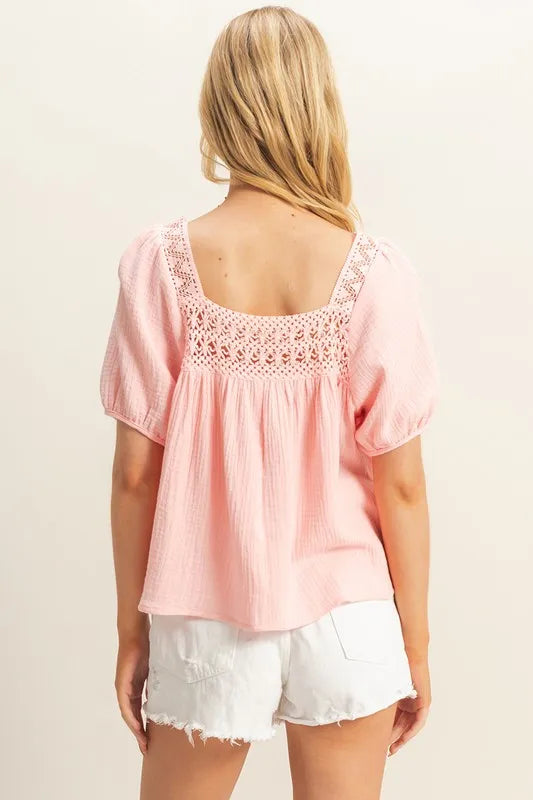 HYFVE Crochet Detail Puff Sleeve Peasant Top | Tops Daverri Fashions